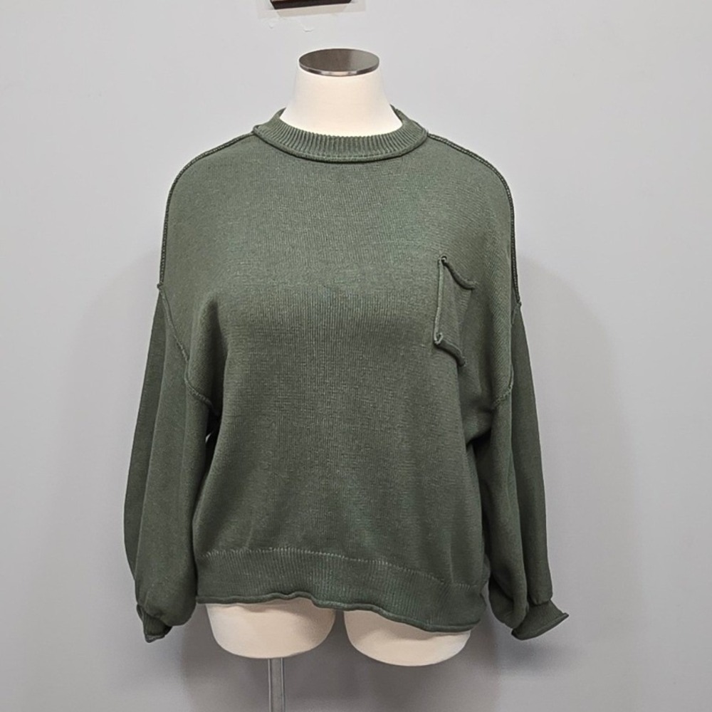 Olive Green Oversized Sweater Womens Plus Size 1XL Cotton Rolled Seams Lagenlook